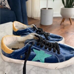 Golden Goose Blue Sneakers with Green Accent